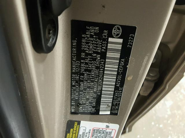 4T1BE32K24U842343 - 2004 TOYOTA CAMRY LE TAN photo 10