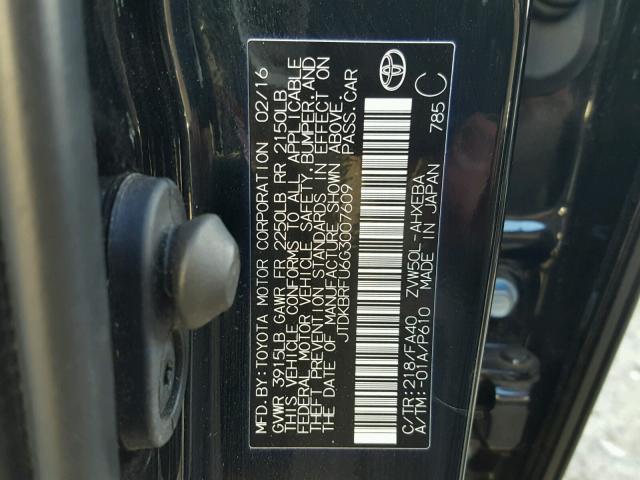 JTDKBRFU6G3007609 - 2016 TOYOTA PRIUS BLACK photo 10