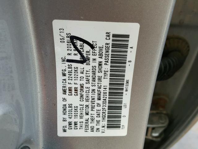 1HGCR2F33DA206141 - 2013 HONDA ACCORD LX SILVER photo 10