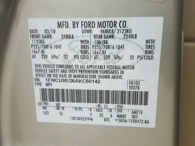 1FMCU9EG6AKC60142 - 2010 FORD ESCAPE LIM BROWN photo 10