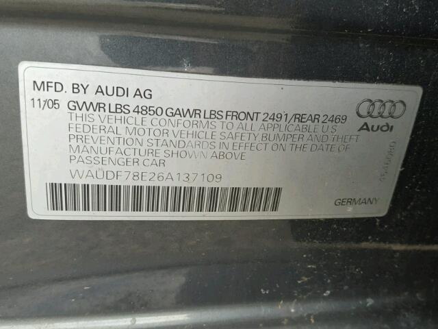 WAUDF78E26A137109 - 2006 AUDI A4 2.0T QU GRAY photo 10