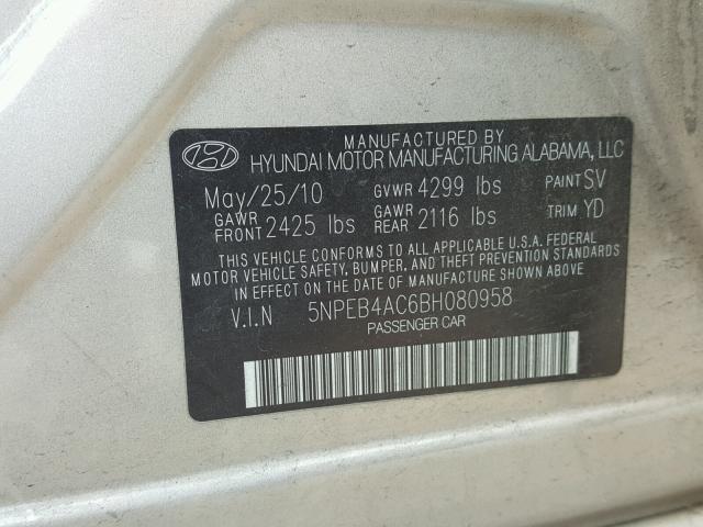 5NPEB4AC6BH080958 - 2011 HYUNDAI SONATA GLS GOLD photo 10