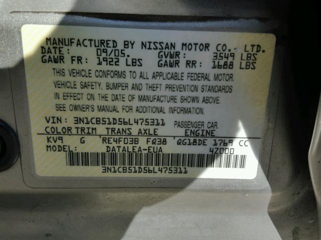 3N1CB51D56L475311 - 2006 NISSAN SENTRA 1.8 GRAY photo 10