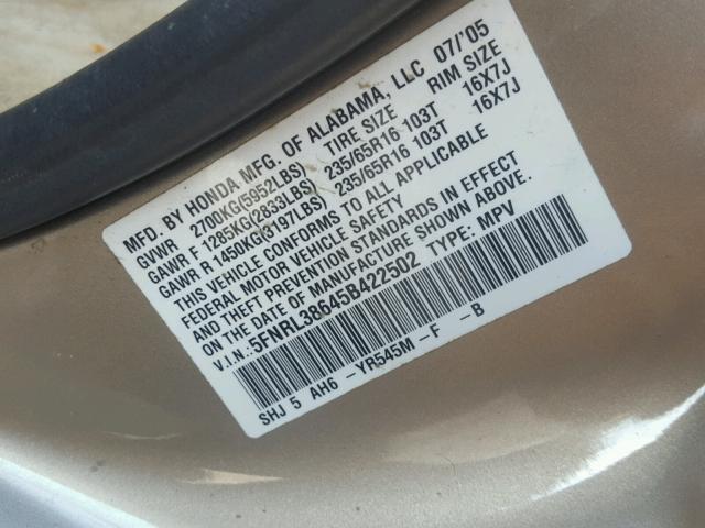 5FNRL38645B422502 - 2005 HONDA ODYSSEY EX BEIGE photo 10