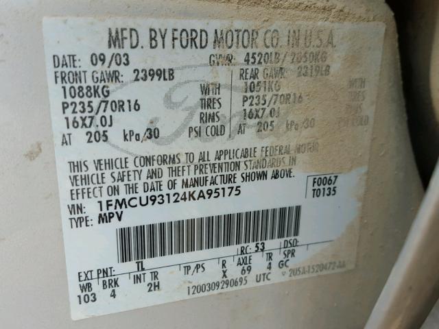 1FMCU93124KA95175 - 2004 FORD ESCAPE XLT SILVER photo 10