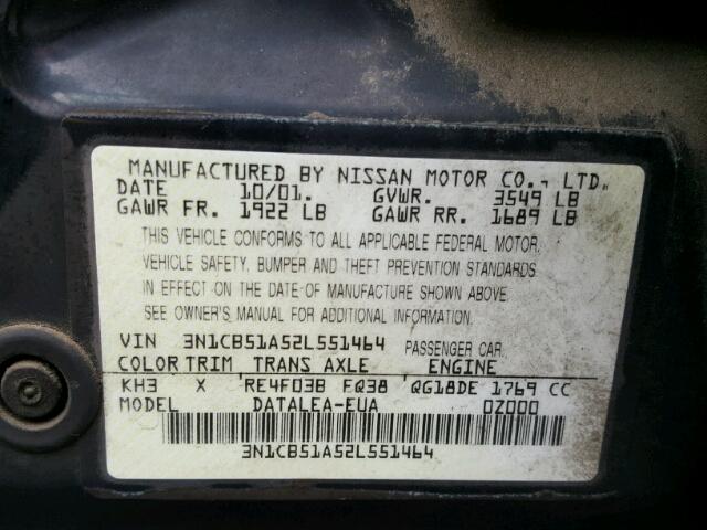 3N1CB51A52L551464 - 2002 NISSAN SENTRA GXE BLACK photo 10