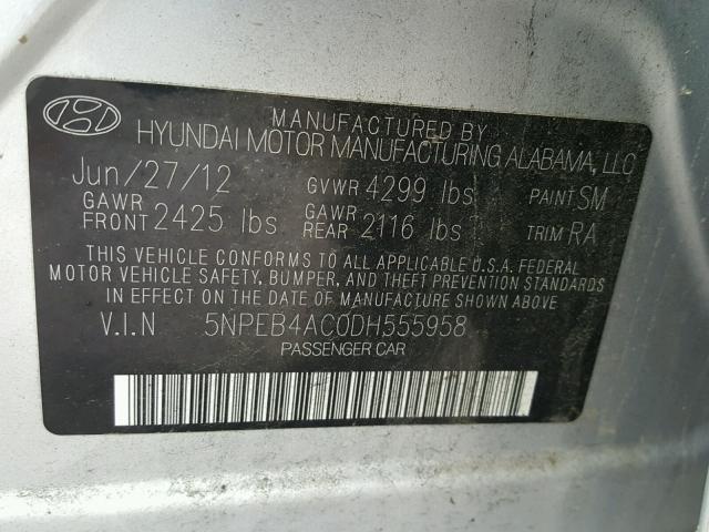 5NPEB4AC0DH555958 - 2013 HYUNDAI SONATA GLS SILVER photo 10