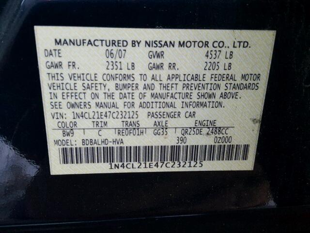 1N4CL21E47C232125 - 2007 NISSAN ALTIMA HYB BLUE photo 10