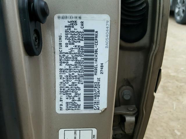 4T1BE32K53U172608 - 2003 TOYOTA CAMRY LE ბეჟი ფოტო 10