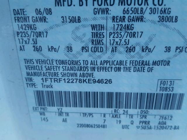 1FTRF12278KE94626 - 2008 FORD F150 WHITE photo 10