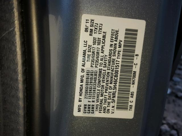 5FNRL5H46CB001517 - 2012 HONDA ODYSSEY EX SILVER photo 10