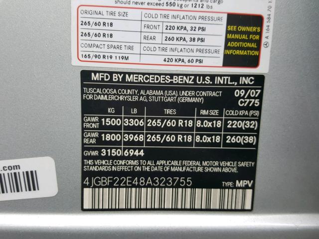 4JGBF22E48A323755 - 2008 MERCEDES-BENZ GL 320 CDI SILVER photo 10