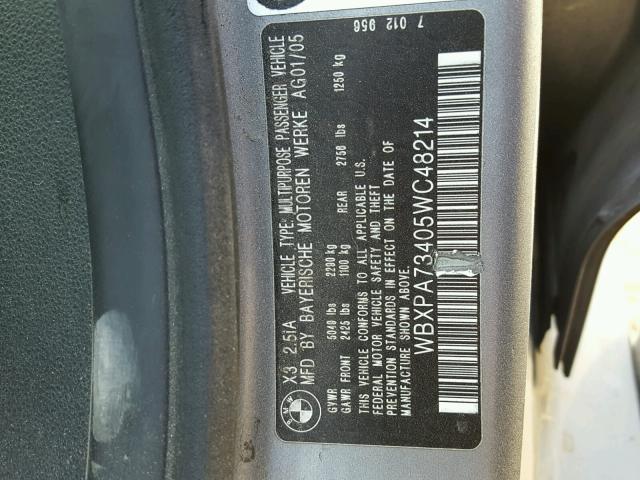 WBXPA73405WC48214 - 2005 BMW X3 2.5I GRAY photo 10