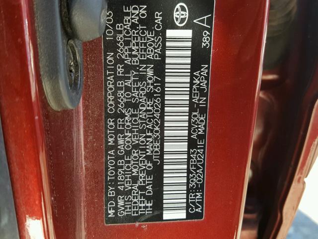 JTDBE30K240261617 - 2004 TOYOTA CAMRY LE ბურგუნდია ფოტო 10