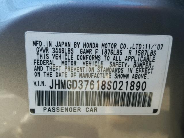 JHMGD37618S021890 - 2008 HONDA FIT SPORT SILVER photo 10