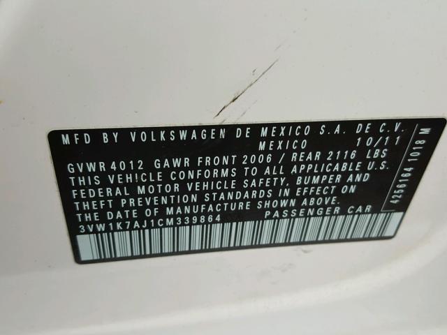 3VW1K7AJ1CM339864 - 2012 VOLKSWAGEN JETTA BASE WHITE photo 10