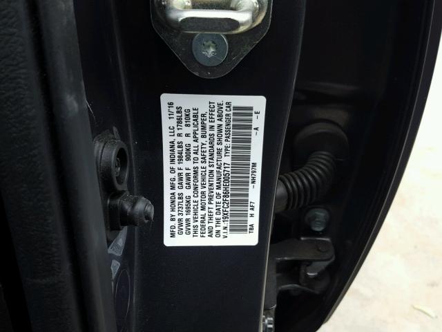 19XFC2F86HE005717 - 2017 HONDA CIVIC EX ნაცრისფერი ფოტო 10