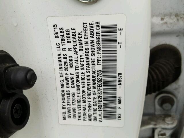 19XFB2F87FE052755 - 2015 HONDA CIVIC EX WHITE photo 10