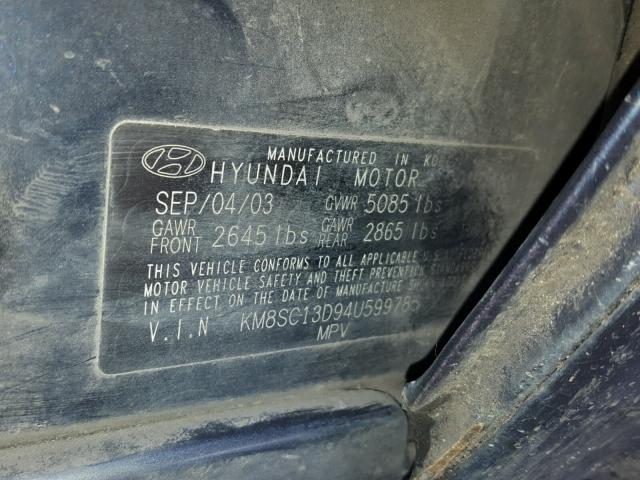 KM8SC13D94U599785 - 2004 HYUNDAI SANTA FE G BLUE photo 10