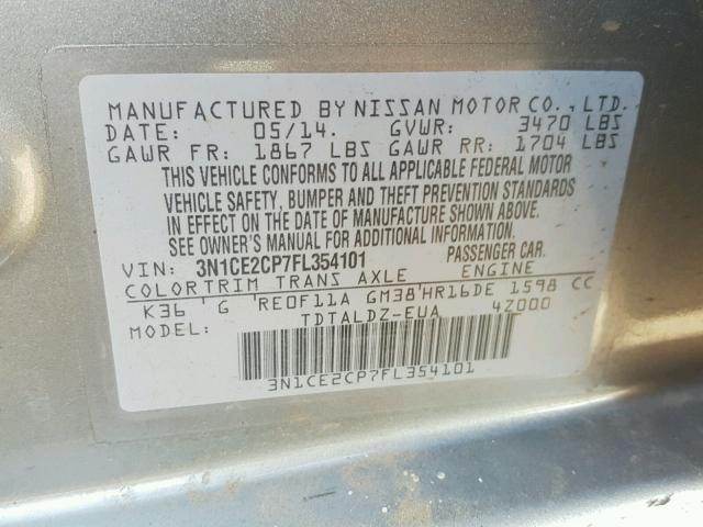 3N1CE2CP7FL354101 - 2015 NISSAN VERSA NOTE SILVER photo 10