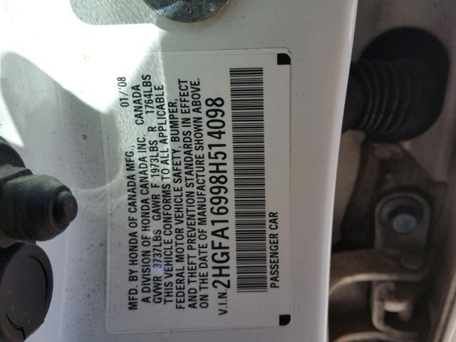 2HGFA16998H514098 - 2008 HONDA CIVIC EXL 白色 照片 10