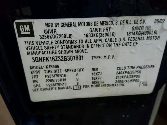 3GNFK16Z32G307801 - 2002 CHEVROLET SUBURBAN K BLUE photo 10