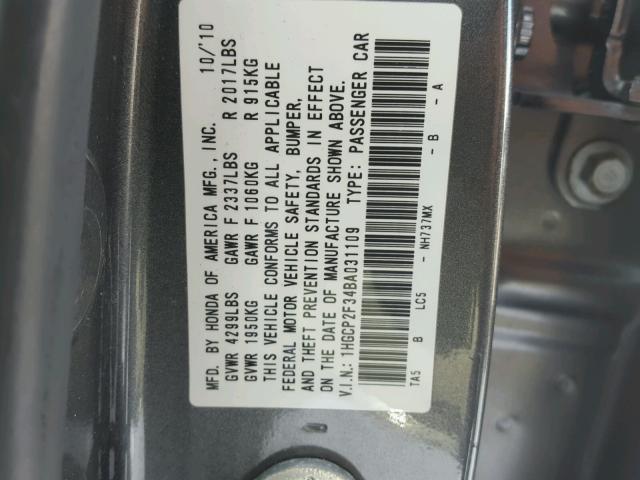 1HGCP2F34BA031109 - 2011 HONDA ACCORD LX GRAY photo 10