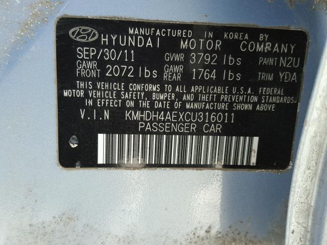 KMHDH4AEXCU316011 - 2012 HYUNDAI ELANTRA GL BLUE photo 10