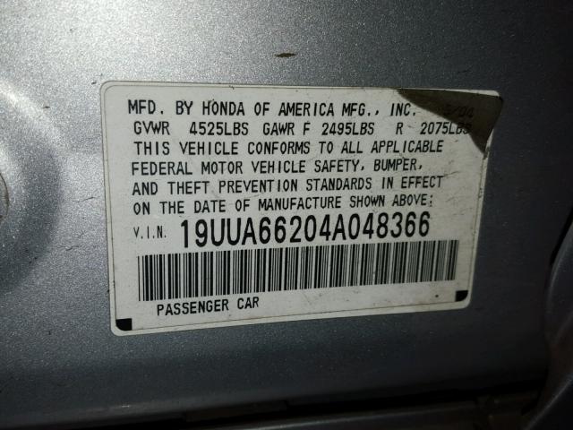 19UUA66204A048366 - 2004 ACURA TL SILVER photo 10