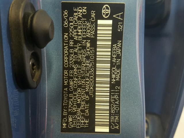 JTDKB20U367510151 - 2006 TOYOTA PRIUS BLUE photo 10