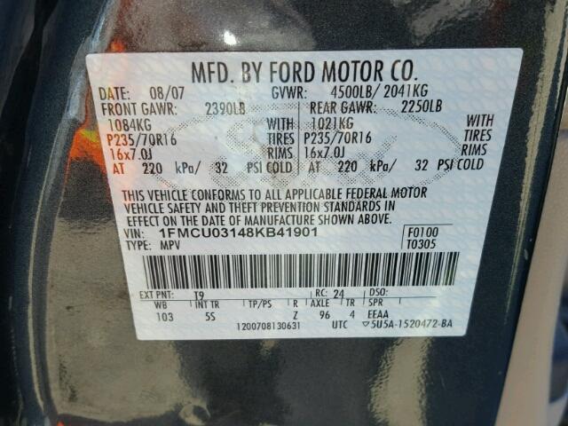 1FMCU03148KB41901 - 2008 FORD ESCAPE XLT GRAY photo 10