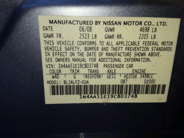 1N4AA51E19C803748 - 2009 NISSAN MAXIMA S SILVER photo 10