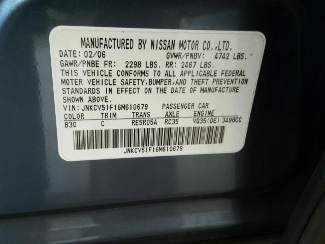 JNKCV51F16M610679 - 2006 INFINITI G35 BLUE photo 10