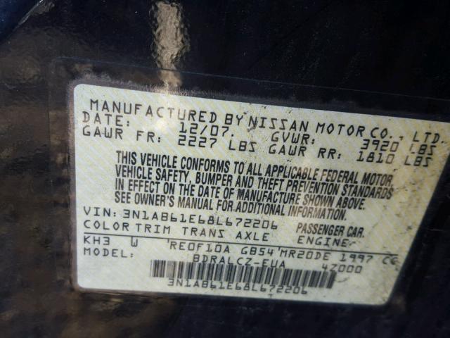 3N1AB61E68L672206 - 2008 NISSAN SENTRA 2.0 BLACK photo 10