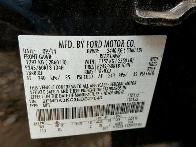 2FMDK3KC3EBB27640 - 2014 FORD EDGE LIMIT BLACK photo 10