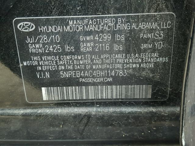 5NPEB4AC4BH114783 - 2011 HYUNDAI SONATA GLS BLACK photo 10