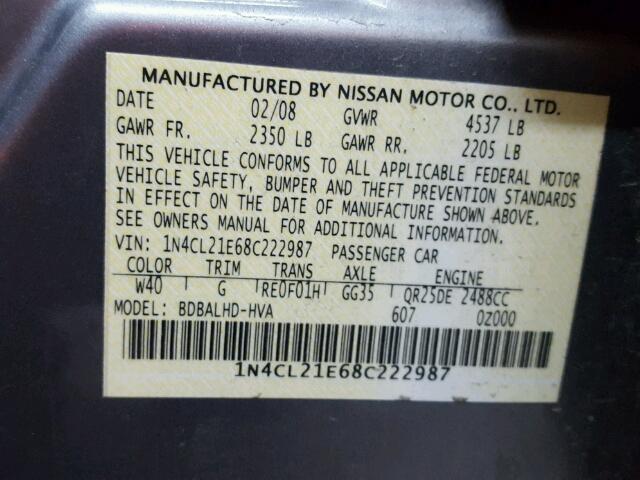 1N4CL21E68C222987 - 2008 NISSAN ALTIMA HYB GRAY photo 10