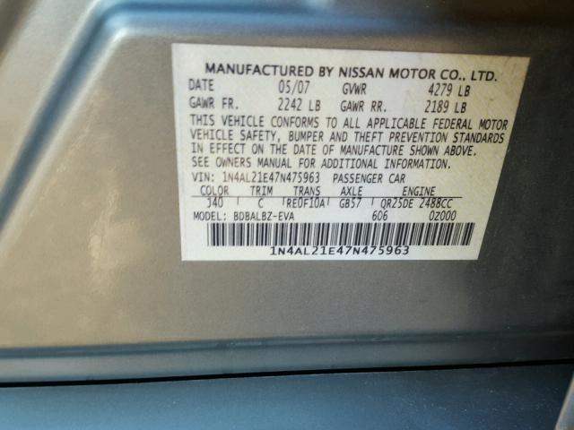 1N4AL21E47N475963 - 2007 NISSAN ALTIMA 2.5 GREEN photo 10