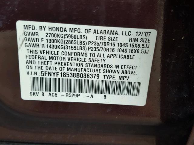 5FNYF18538B036379 - 2008 HONDA PILOT EXL MAROON photo 10