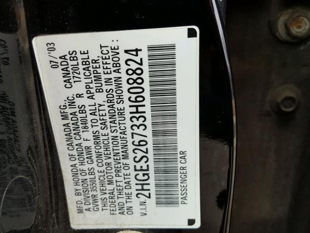 2HGES26733H608824 - 2003 HONDA CIVIC EX 黑色 照片 10