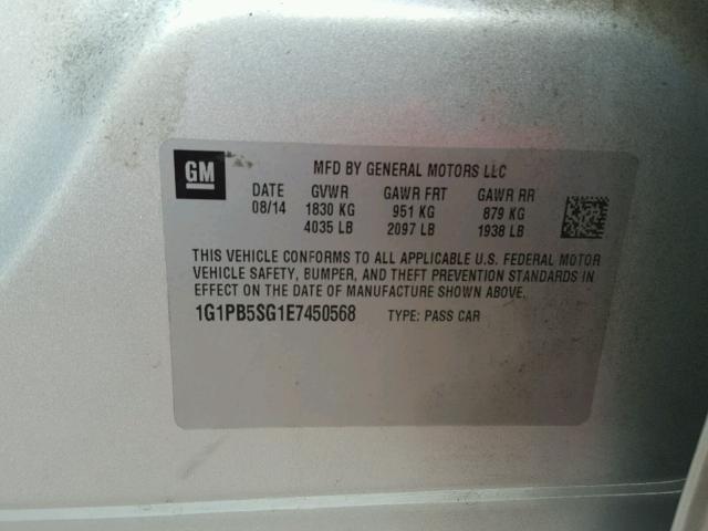 1G1PB5SG1E7450568 - 2014 CHEVROLET CRUZE LS SILVER photo 10