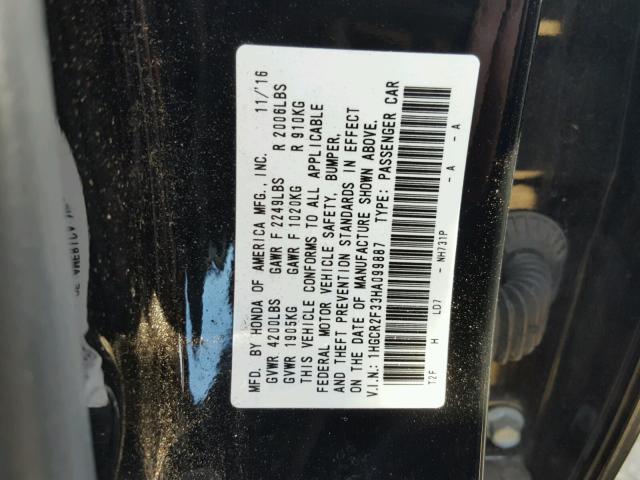 1HGCR2F33HA099887 - 2017 HONDA ACCORD LX BLACK photo 10