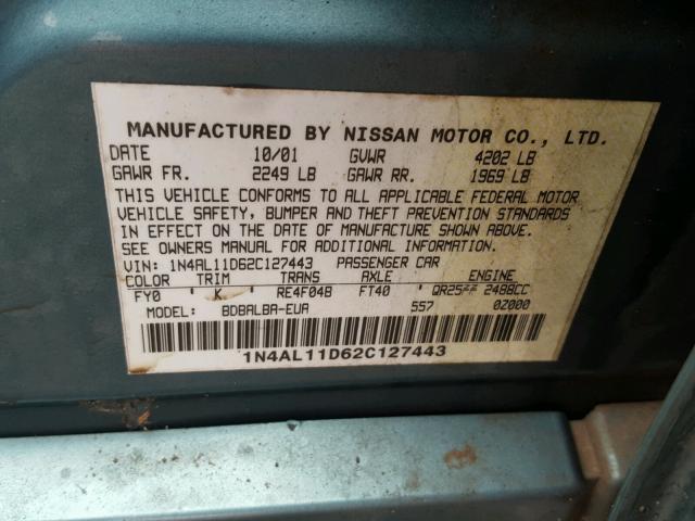 1N4AL11D62C127443 - 2002 NISSAN ALTIMA BAS BLUE photo 10