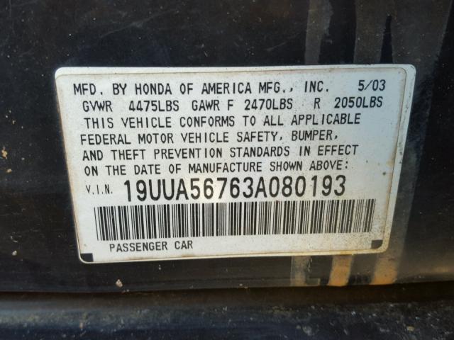 19UUA56763A080193 - 2003 ACURA 3.2TL BLACK photo 10