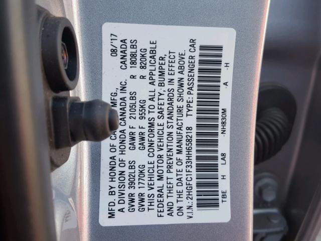 2HGFC1F33HH658218 - 2017 HONDA CIVIC EX SILVER photo 10