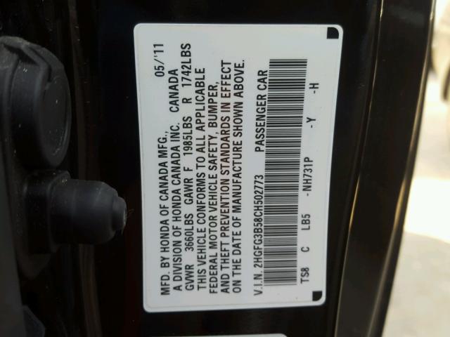 2HGFG3B58CH502773 - 2012 HONDA CIVIC LX BLACK photo 10