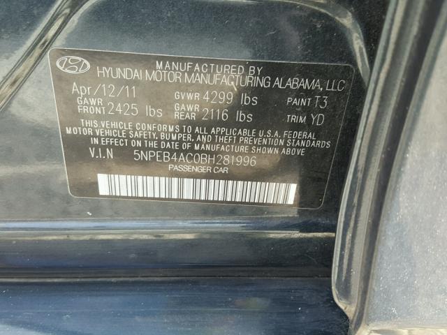 5NPEB4AC0BH281996 - 2011 HYUNDAI SONATA GLS CHARCOAL photo 10