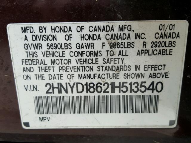 2HNYD18621H513540 - 2001 ACURA MDX TOURIN BURGUNDY photo 10