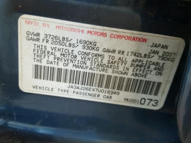 JA3AJ26EX7U016949 - 2007 MITSUBISHI LANCER ES BLUE photo 10