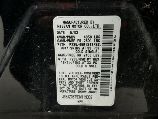 JN8AZ08T53W119337 - 2003 NISSAN MURANO SL BLACK photo 10